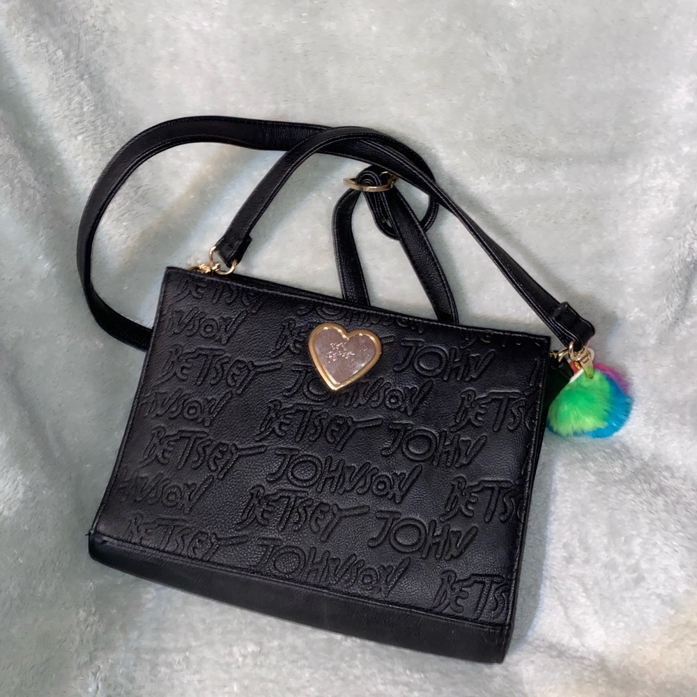 Betsey Johnson Black Embossed Shoulder Bag with Heart Charm